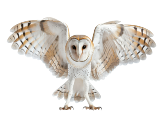 Barn owl landing with wings spread wide, showcasing its sharp talons and detailed plumage cut out transparent isolated PNG