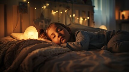 A serene scene of a little girl in bed with a night lamp in a dark nursery, soft lighting creating a warm and comforting atmosphere