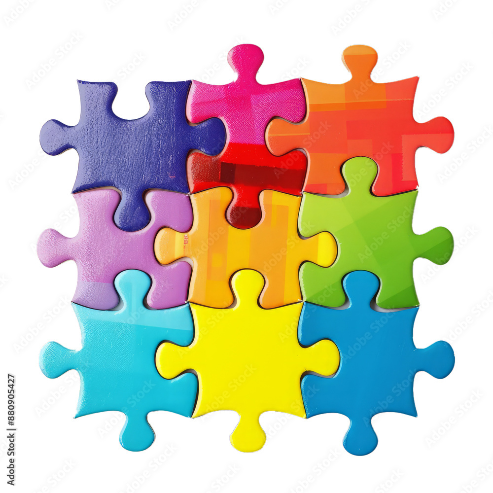 Poster vibrant set of interlocking 3d puzzle pieces in various colors, isolated on a transparent grid