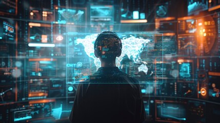 A futuristic augmented reality concept with digital overlays of virtual information and interactive user interfaces.