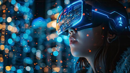 A futuristic augmented reality concept with digital overlays of virtual information and interactive user interfaces.