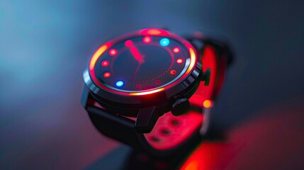 Close-up of a smartwatch with health monitoring sensors tracking vital signs and fitness activity data.