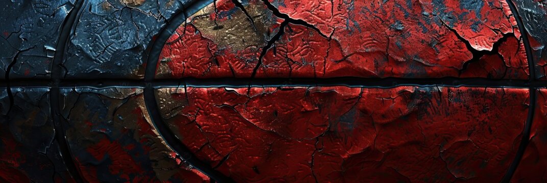 Close-up of a textured surface with intricate cracks and rugged patterns. The surface is divided into segments with a mix of red, black, and metallic tones - AI Generated Digital Art