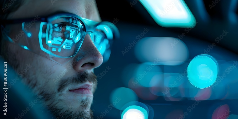 Poster man with glasses using futuristic augmented reality technology to interact with holographic car inte