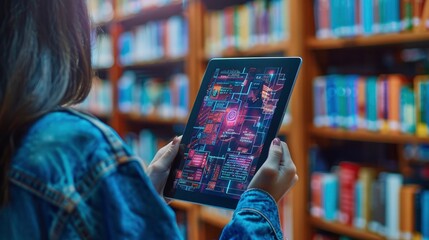 Close-up of a digital tablet with an e-learning platform interface displaying educational content and interactive lessons.