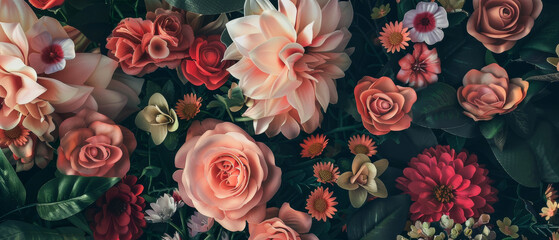 A rich assembly of diverse flowers in soft pastels and deep reds, creating a harmonious and lush visual composition reminiscent of classic floral paintings.