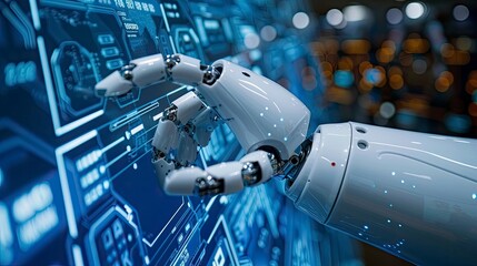 An artificial intelligence concept with a robot hand touching a digital screen displaying futuristic user interface elements.