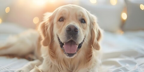 Golden retriever getting dental care with toothbrush in cozy home setting. Concept Pet Dental Care, Dog Grooming, Home Environment, Golden Retriever, Toothbrush
