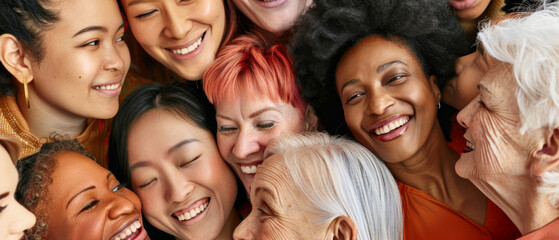 Fototapeta premium A diverse group of women joyfully gather close together, smiling and radiating warmth, capturing the beauty of unity and friendship.