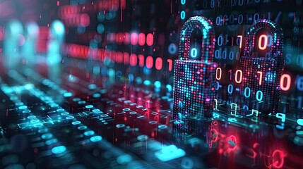 A cybersecurity concept with digital padlocks and security keys against a backdrop of binary code and digital data flows.