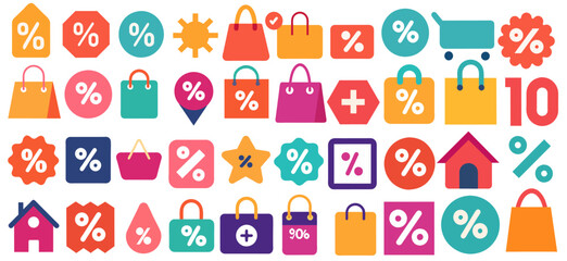 Set of icons depicting shopping bags, percentages and other retail related graphics for visually representing sales and discounts, black friday