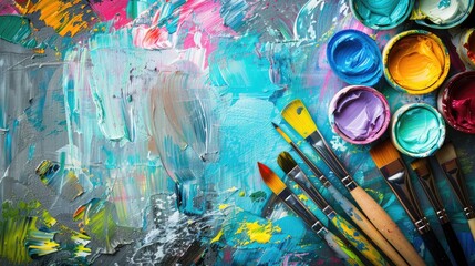 Art supplies for painting including brushes palette and oil paints Mixing various colors creatively For artistic leisure and hobby Overhead perspective with empty space