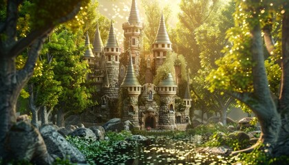 Fototapeta premium Whimsical Fairy-Tale Castle in Enchanted Forest Landscape