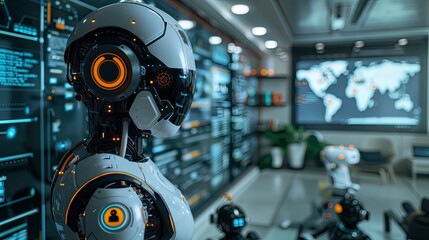 An artificial intelligence assistant concept with a digital avatar and voice command interface in a smart home environment.