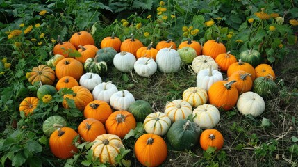 Assorted pumpkins in a meadow white ones create heart shape mixed orange and green ones scattered around