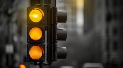 A yellow traffic light signaling caution to drivers approaching an intersection.