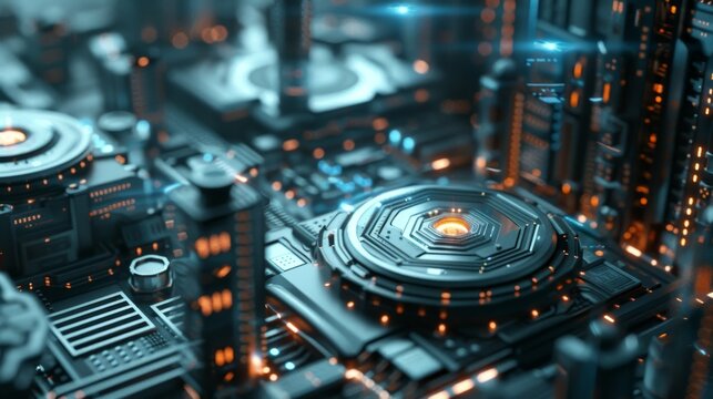 A close-up of a computer circuit board showing intricate details of electronic components and connections