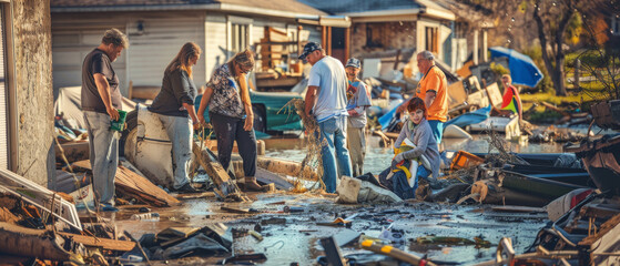 Fototapeta na wymiar Community volunteers work together to clean up debris in a neighborhood after a natural disaster, displaying solidarity and effort.