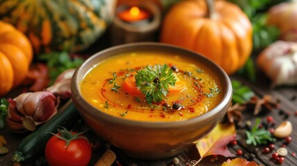 Autumnal vegetable soup with rustic ingredients on a table for a cozy diet concept