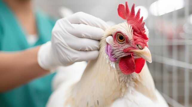 Veterinarian checking a chicken's eyes for infections in a coop, veterinarian chicken eye check, poultry health