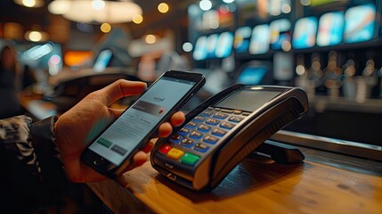 Close-up of a smartphone with a digital wallet app interface displaying contactless payment options and transaction history.