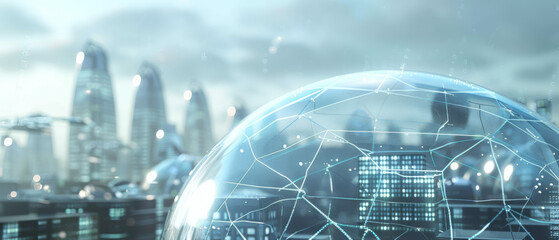 A futuristic cityscape under a cloudy sky, where interconnected light lines form a digital network over dome structures and modern buildings.