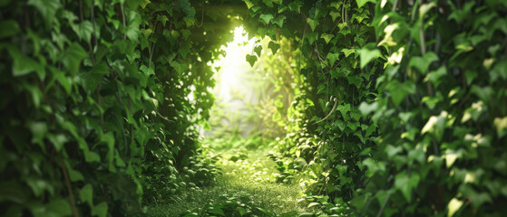 Fototapeta premium A mesmerizing tunnel of lush green ivy, bathed in sunlight, stretches into a dreamy, verdant escape.