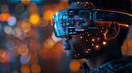 A futuristic augmented reality concept with digital overlays of virtual information and interactive user interfaces.