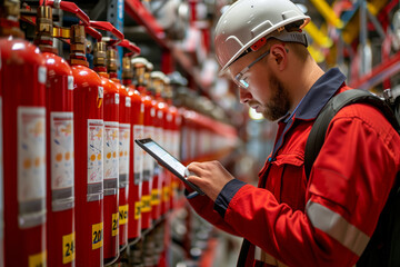 Safety Engineer Inspecting Fire Extinguishers in a Warehouse