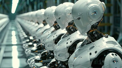 Fototapeta premium High-tech industrial robots working in unison on a manufacturing assembly line with precision and efficiency.