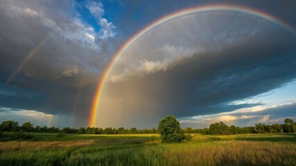 Beautiful rainbow arches over a green meadow and dramatic sky, capturing nature's serene and vibrant post storm beauty  Ideal for peaceful and environmental themes
