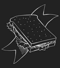 Cafe menu with food and drinks on chalkboard. Blackboard sketch of andwich. Hand drawn vector design