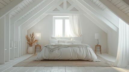 A serene white bedroom interior in an attic, featuring elegant decor, plush bedding