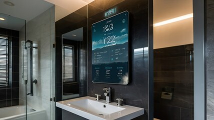 A modern bathroom featuring a smart mirror with a digital display, providing time, temperature, and other details, exemplifying luxury and innovation