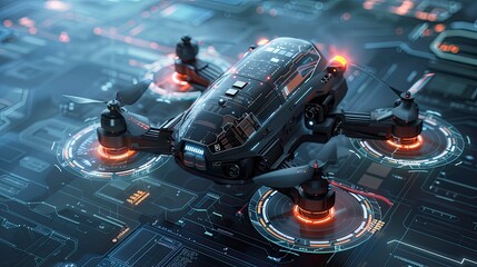 A futuristic autonomous drone concept with digital sensors and camera equipment scanning the environment.