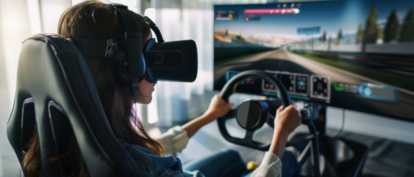 A woman deeply engrossed in a racing simulation game with a VR headset in a modern setup, giving an immersive gaming experience.