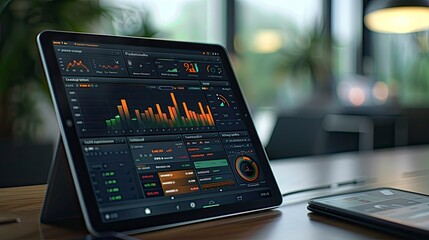 Close-up of a digital tablet with a financial planning app interface showing investment portfolios and financial projections.
