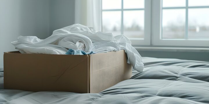 Transitioning to a New Home Packing Cardboard Boxes with Household Items, Clothes, and Organizing a Messy Bed in an Empty Room. Concept Moving Tips, Packing Techniques, Home Organization