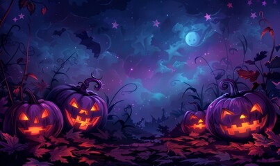 Halloween colorful background with glowing pupmpkins, copy space, place for text