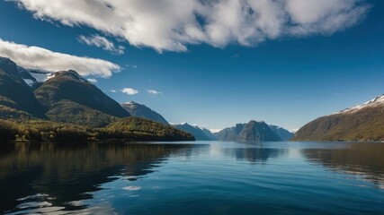 Fototapeta premium A serene mountain lake with clear blue skies, pristine reflections, and tranquil scenery, ideal for outdoor travel, nature photography, and peaceful retreats