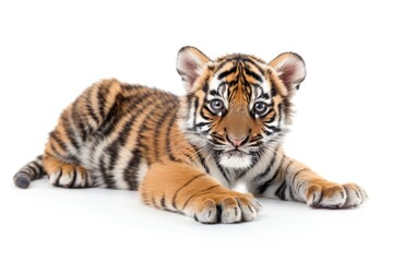 Fototapeta premium Adorable baby tiger cub with stripes isolated on white background