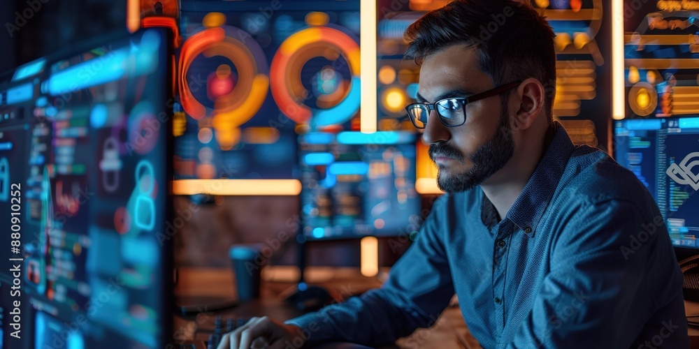 Aufkleber focused male programmer working at night with graphical interfac
