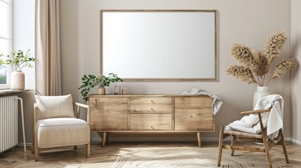 Modern living room interior with wooden furniture, white decor and blank frame on the wall. Minimalist home design.