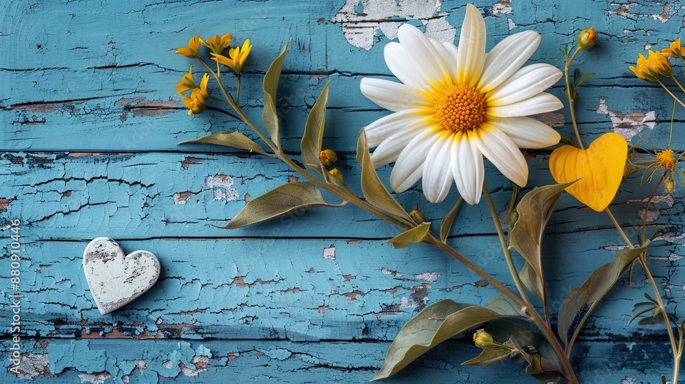 Wall mural White Daisy and Yellow Flowers on Rustic Blue Wood