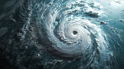 An ominous hurricane swirling over the ocean, seen from a satellite perspective.