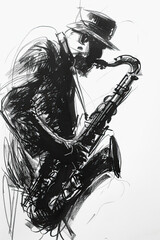 A black and white sketch of a jazz musician improvising with his saxophone