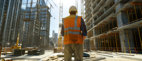 Fototapeta premium A construction worker in a reflective vest surveys a towering unfinished building, embodying the essence of hard work and urban development under a bright sky.