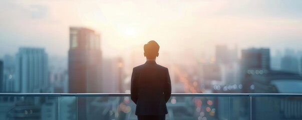 Fototapeta premium A businessman is standing on a rooftop overlooking the city.