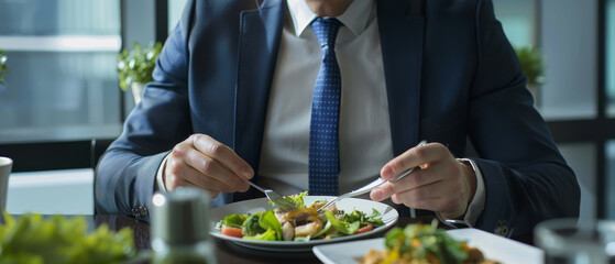 A man in a formal suit enjoys a healthy meal, highlighting a moment of dining in a professional...