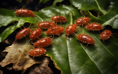 Clusters of acarus mites infesting a decomposing leaf, a microcosm of decay in the forest floor.